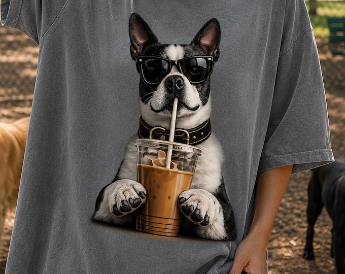 Boston Terrier Iced Coffee Shirt, Dog Mom Graphic Tee, Comfort Colors Dog Lover Gift