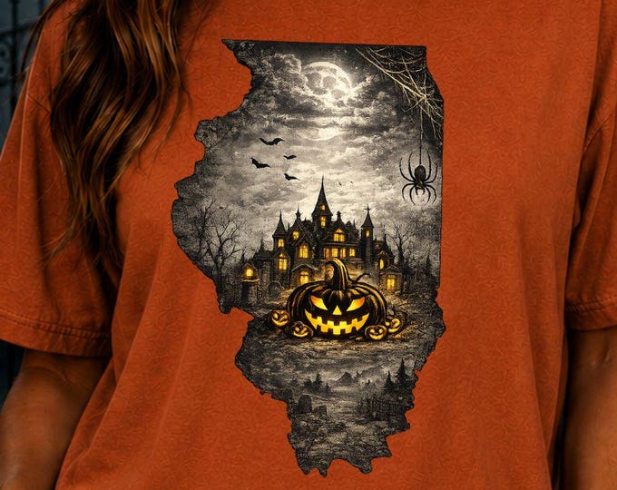 Illinois Halloween Shirt, Haunted Mansion Pumpkin Graphic Tee, Comfort Colors Fall Apparel