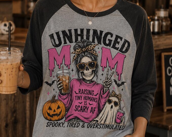 Unhinged Mom Halloween Raglan, Skeleton Coffee Spooky Mom Baseball Tee