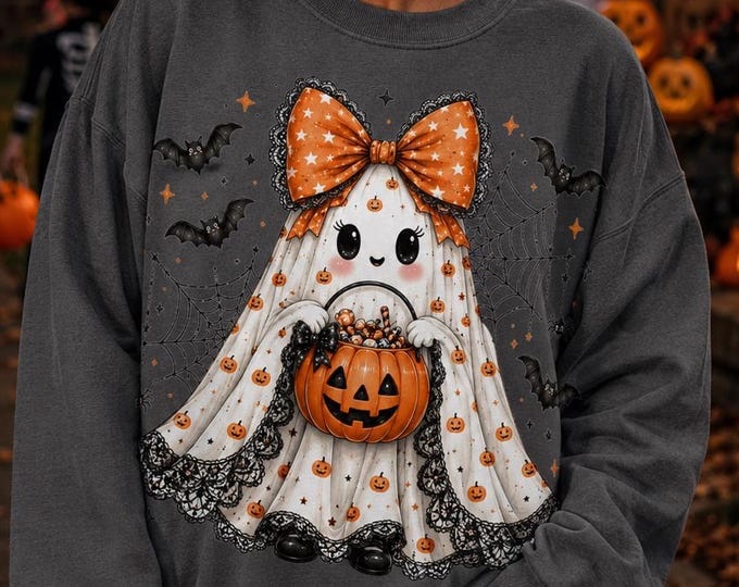 Coquette Ghost Halloween Sweatshirt, Pumpkin Candy Bucket, Lace Bow Detail, Spooky Fall Crewneck