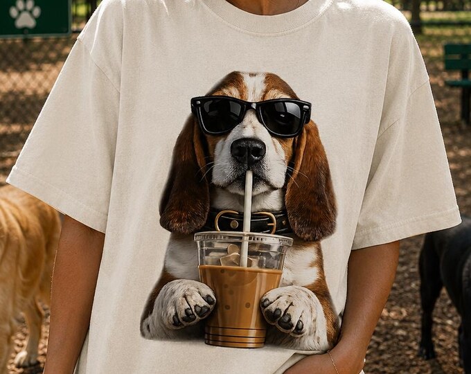 Basset Hound Iced Coffee Shirt, Dog Mom Comfort Colors Tee, Funny Coffee Lover Graphic