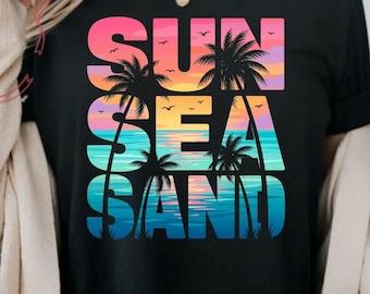 Sun Sea Sand Graphic Tee, Tropical Palm Tree Beach Vacation Shirt