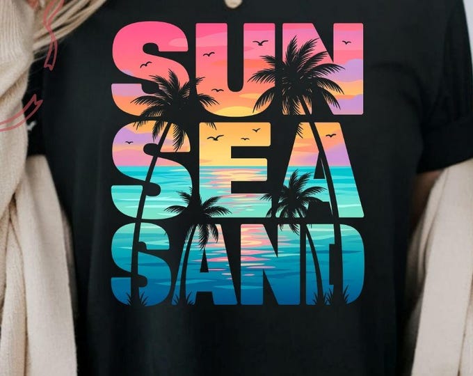 Sun Sea Sand Graphic Tee, Tropical Palm Tree Beach Vacation Shirt