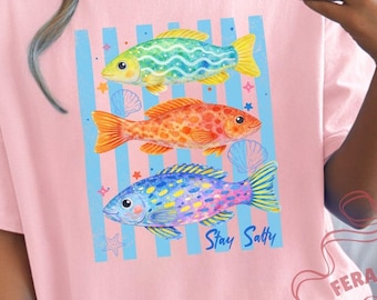 Stay Salty Fish Graphic Tee, Coastal Watercolor Beach Shirt