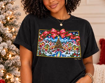 Colorado Christmas Shirt, Mountain Christmas Village Tee, Whimsical Holiday Graphic T-Shirt, Comfort Colors Gift