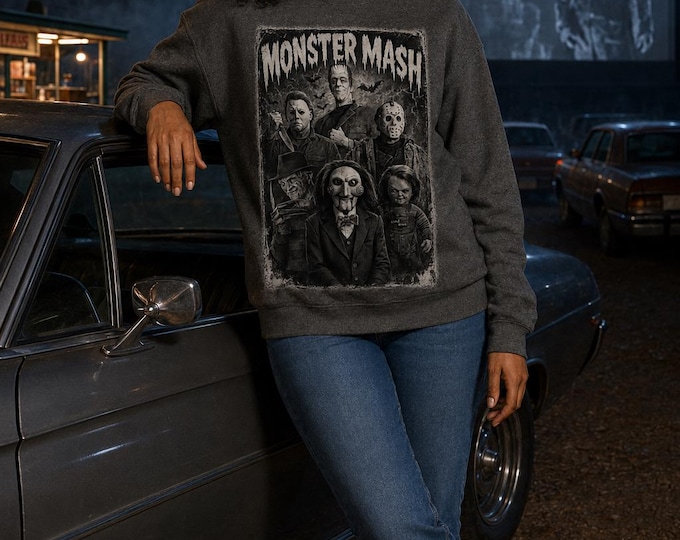 Monster Mash Horror Sweatshirt, Retro Scary Movie Crewneck, Halloween Slasher Shirt, Vintage Horror Fan Gift, Unisex Gildan 18000