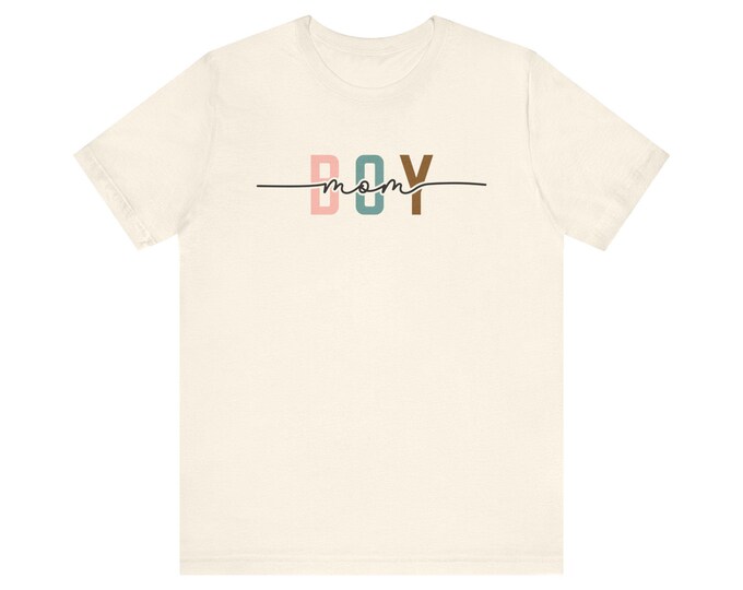 BOY Mom Tee | Retro Block Letters, Script Overlay, Neutral Baby Announcement