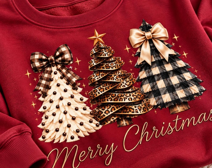 Leopard Plaid Christmas Tree Sweatshirt: Coquette Bow Holiday Mom Gift