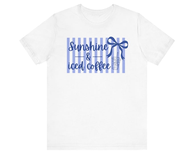 Sunshine & Iced Coffee Oversize Preppy Tee | Blue Stripe Ribbon Summer Shirt