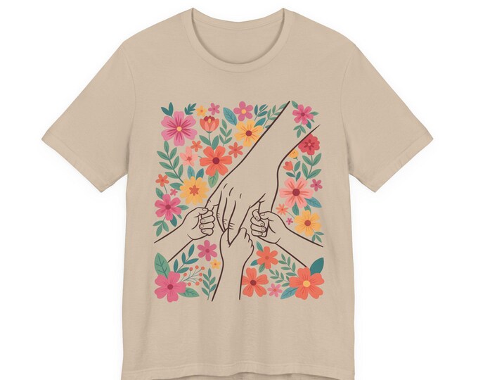 Mother Child Hands Floral Line Art T-Shirt | Mama Baby Tee, Three Children