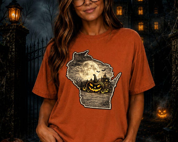 Wisconsin Halloween Shirt, Spooky Wisconsin Tee, Pumpkin Patch Shirt, Haunted House Graphic Tee, Comfort Colors Fall Shirt