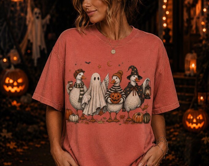 Spooky Goose Halloween Tee, Ghost Witch Pumpkin Goose (Comfort Colors 1717)