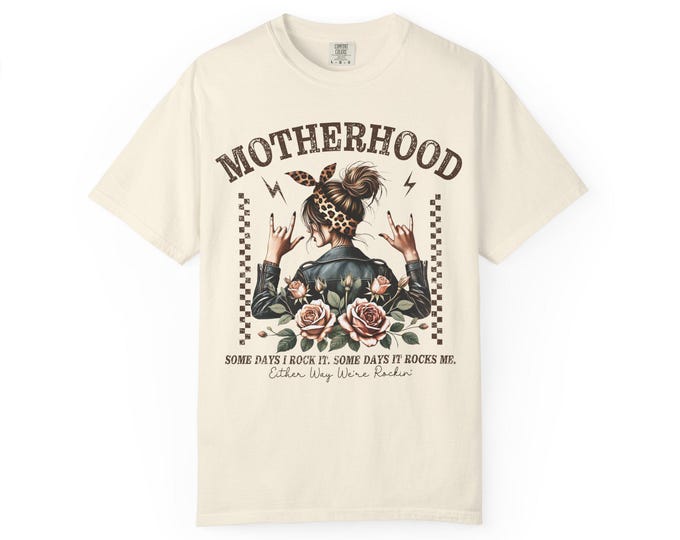 Motherhood Rocker Mom T-Shirt | Garment-Dyed Comfort Colors Tee, Floral Leather Jacket Style