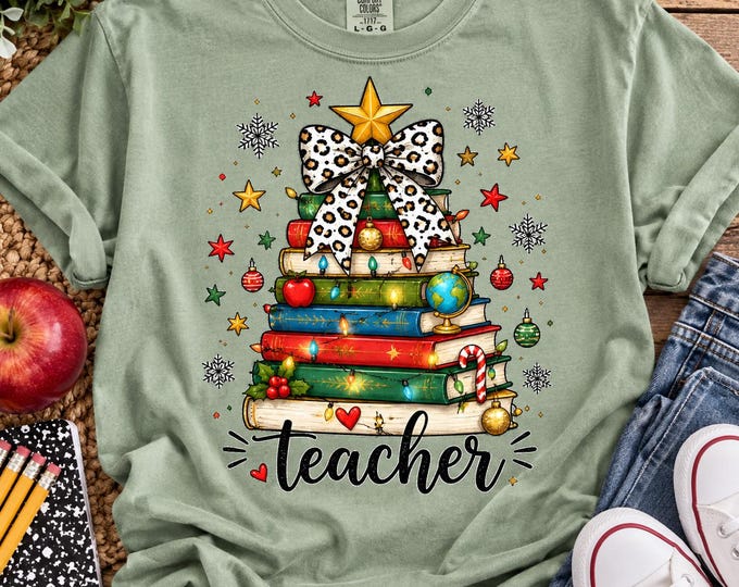 Stacked Holiday Books Teacher T-Shirt | Christmas Teacher Design