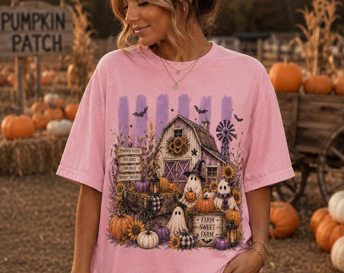 Farmhouse Halloween Shirt, Pumpkin Patch Ghost Tee, Comfort Colors Oversized Fall Graphic