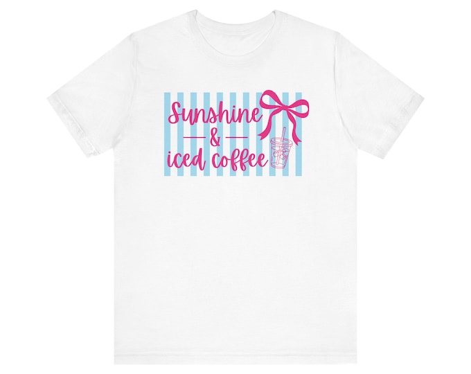 Sunshine & Iced Coffee Preppy Chic Oversized T-Shirt | Striped Pastel Graphic, Pink Bow