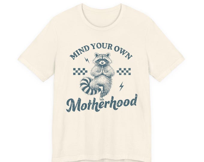Mind Your Own Motherhood Oversized Mom T-shirt | Retro Raccoon Checkerboard Design