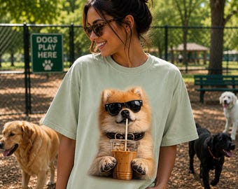 Pomeranian Iced Coffee Shirt, Pomeranian Mom Tee, Dog Mom Comfort Colors Shirt, Coffee Lover Gift, Cute Pom Dog Shirt, Funny Dog Graphic Tee