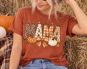 Fall Mama Tee | Leopard Checkered Pumpkin Mom Shirt (Bella+Canvas 3001)