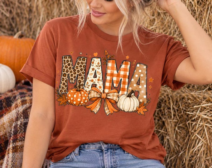 Fall Mama Tee | Leopard Checkered Pumpkin Mom Shirt (Bella+Canvas 3001)