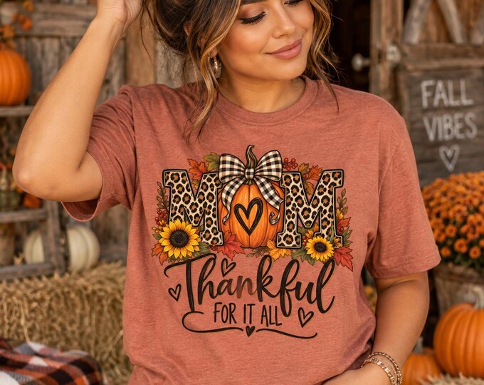 Thankful Mom Tee: Leopard Pumpkin Fall Design (Bella+Canvas)
