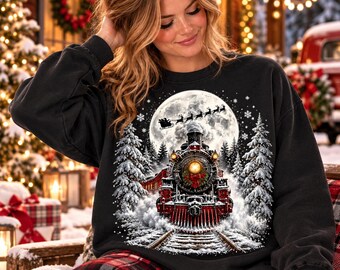Vintage Steam Train Moonlit Night Christmas Sweatshirt | Winter Snow Forest Railroad