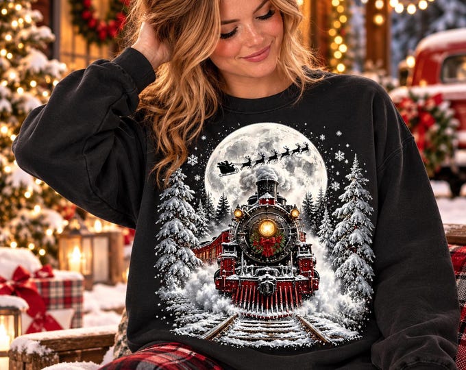 Vintage Steam Train Moonlit Night Christmas Sweatshirt | Winter Snow Forest Railroad