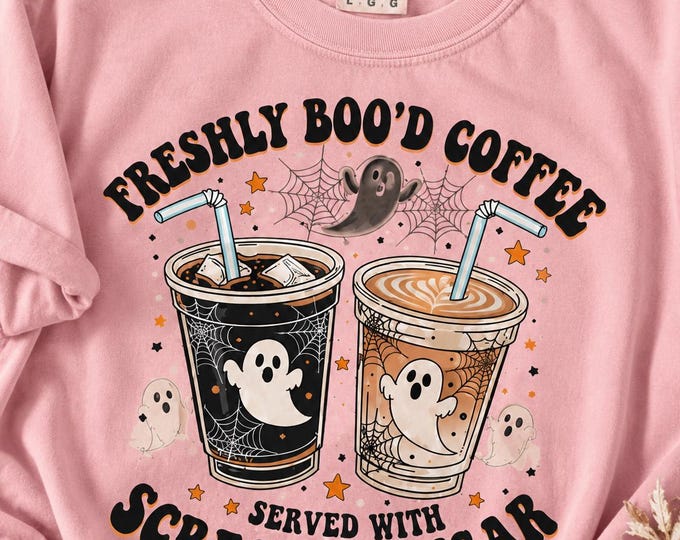Freshly Boo'd Coffee Shirt, Halloween Coffee Tee, Ghost Coffee Shirt, Comfort Colors 1717, Spooky Coffee Lover Tee, Fall Graphic T-Shirt
