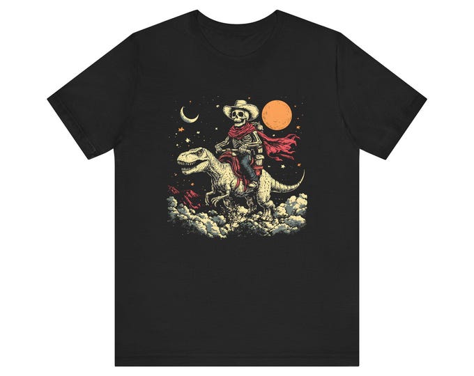 Skeleton Cowboy Riding T-Rex T-Shirt | Retro Moon Desert Illustration