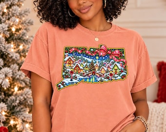 Connecticut Christmas Shirt, Whimsical Holiday Village Tee, New England Christmas Gift, Comfort Colors 1717