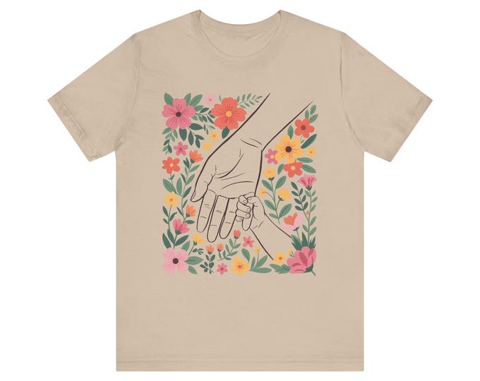 Mother Child Hands T-Shirt | Floral Line Art Mama Baby Tee