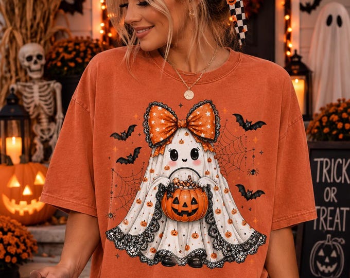 Cute Ghost Halloween Shirt, Comfort Colors 1717 Tee, Pumpkin Ghost Shirt, Coquette Halloween Shirt, Trick or Treat Tee, Fall Graphic Shirt