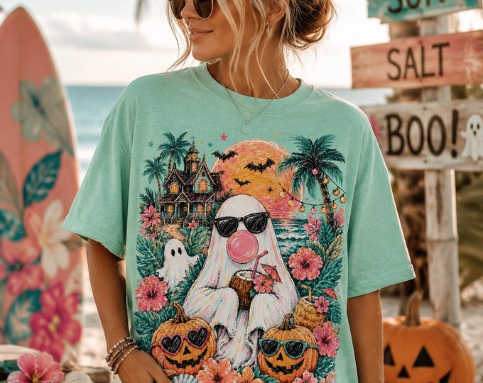 Summerween Ghost Shirt, Tropical Halloween Shirt, Beach Ghost Tee, Coastal Spooky Season Shirt, Comfort Colors 1717, Cute Halloween Tee