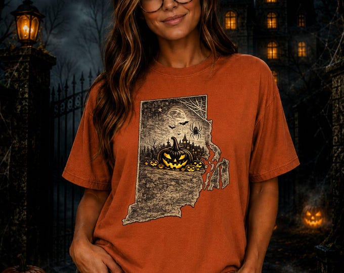 Rhode Island Halloween Shirt, Spooky Rhode Island Tee, Pumpkin Patch Shirt, Haunted House Graphic Tee, Comfort Colors Fall Shirt
