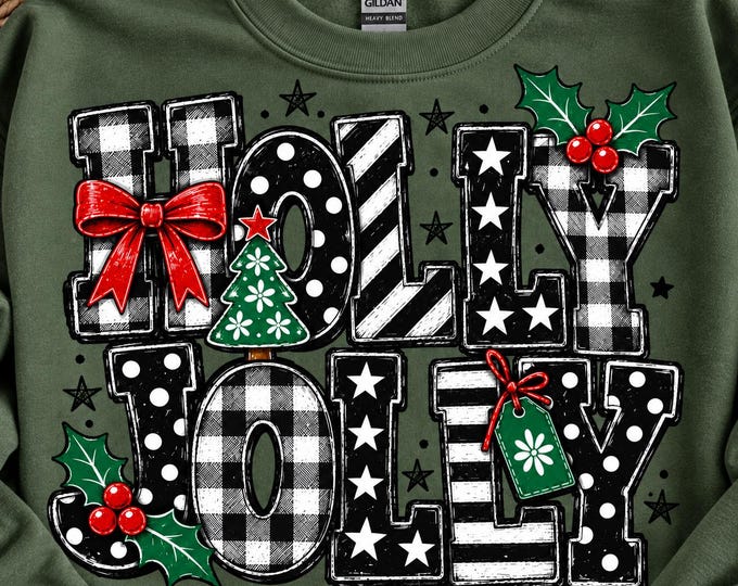 Holly Jolly Christmas Sweatshirt: Plaid, Polka Dots, Bows, Holly (Gildan 18000)