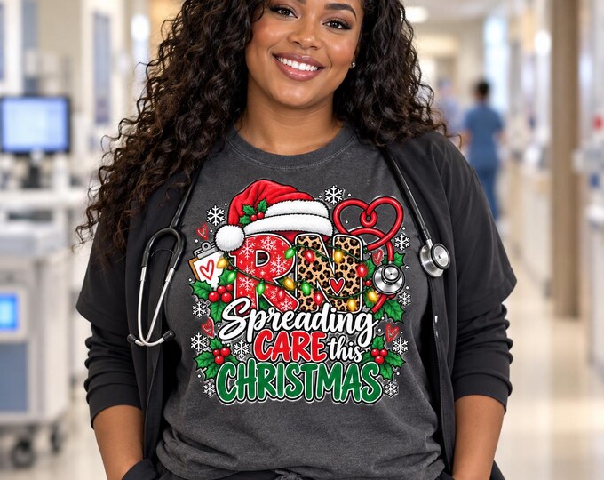 RN Registered Nurse Spreading Care This Christmas T-shirt | Nurse Stethoscope Santa Heart