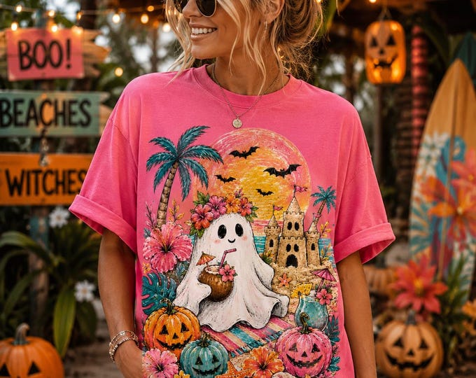 Summerween Ghost Shirt, Tropical Halloween Tee Pink Ghost Beach Shirt, Cute Spooky Season Shirt, Comfort Colors 1717, Halloween Vacation Tee