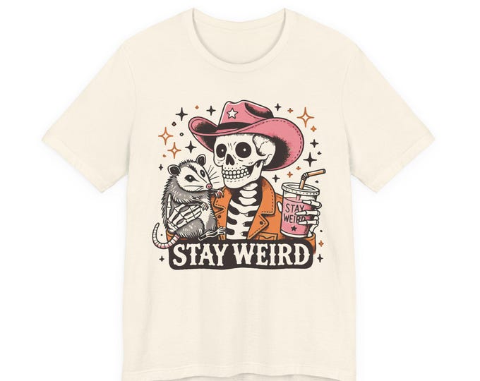 Stay Weird Skeleton Cowboy Owl Graphic Tee | Skull Illustration T-Shirt
