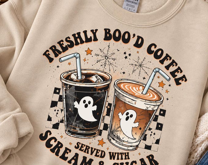 Freshly Boo'd Coffee Sweatshirt, Halloween Coffee Sweatshirt, Ghost Coffee Crewneck, Spooky Season Sweatshirt, Fall Coffee Lover Gift