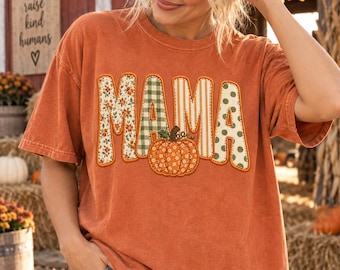 Fall Mama Shirt | Pumpkin Mom Tee | Comfort Colors Mama Shirt | Autumn Mom TShirt | Patchwork Floral Graphic Tee | Thanksgiving Gift for Mom