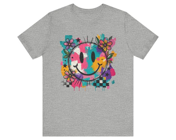 Colorful Grunge Smiley Floral T-Shirt | Paint Splatter Checkerboard Tee