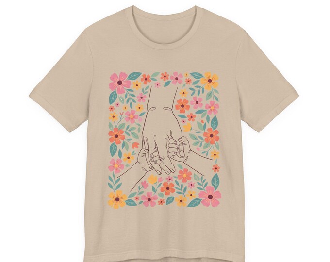Mother Child Hands T-Shirt | Floral Line Art Mama Baby Tee