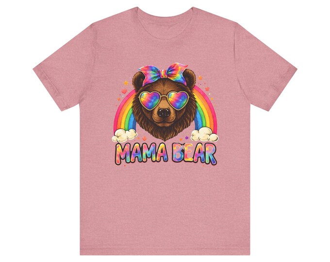 Mama Bear with Rainbow, T-Shirt | Bear Wearing Heart Sunglasses and Bow