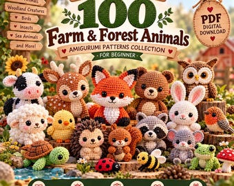 100 Amigurumi Animal Crochet Patterns PDF, Farm Forest Creatures (Digital Download)