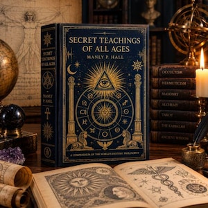 Puede incluir: Un libro de tapa dura azul oscuro titulado Secret Teachings of All Ages de Manly P. Hall, con ilustraciones en lámina dorada de un ojo que todo lo ve, columnas y esfinges. El libro descansa sobre una superficie de madera junto a un libro abierto.