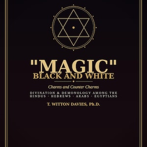 May include: A digital PDF reprint of the book titled "MAGIC" BLACK AND WHITE, Charms and Counter Charms, Divination & Demonology Among the Hindus, Hebrews, Arabs, Egyptians by T. Witton Davies, Ph.D., featuring a gold hexagram on a black background.