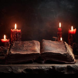 Puede incluir: Un libro abierto de páginas oscuras y texturizadas descansa sobre una superficie de piedra rugosa. Varias velas rojas con gotas de cera visibles están encendidas al fondo, proyectando un brillo cálido y tenue sobre una escena de fondo oscuro.