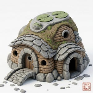 May include: A whimsical, handcrafted miniature house with a stone roof and walls. The house features a frog sculpture, lily pads, and a small arched bridge. The color palette includes shades of brown, gray, and green, creating a fairy tale aesthetic.