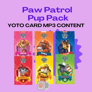 Może przedstawiać: Zestaw Paw Patrol Pup Pack z sześcioma kartami postaci i odtwarzaczem zawartości MP3 na kartę YOTO. Każda karta przedstawia inną postać: Skye, Zuma, Chase, Marshall, Rubble i Rocky, z ich imionami poniżej. Tło jest jasnofioletowe.