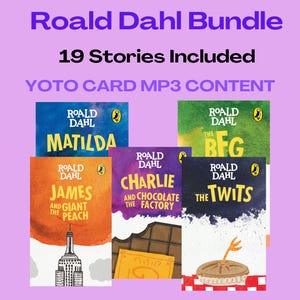 Könnte beinhalten: Ein Roald Dahl Buchpaket mit den Buchcovern von "Matilda", "James und der Riesenpfirsich", "Charlie und die Schokoladenfabrik", "Sophiechen und der Riese" und "Die Zwitschels". Das Bundle enthält 19 Geschichten und YOTO Card MP3-Inhalte.